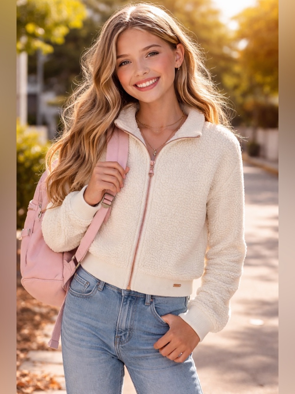 Justice Collection X Girls Sherpa Teddy Zip Jacket Cream Size 10 Cozy Fleece